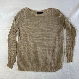 Polo Ralph Lauren Linen Knit Sweater Womens Large Tan Boat Neck Long Sleeve